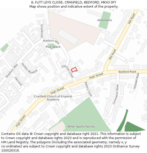 8, FLITT LEYS CLOSE, CRANFIELD, BEDFORD, MK43 0FY: Location map and indicative extent of plot