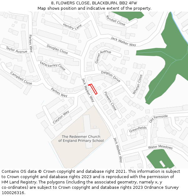 8, FLOWERS CLOSE, BLACKBURN, BB2 4FW: Location map and indicative extent of plot
