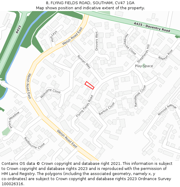 8, FLYING FIELDS ROAD, SOUTHAM, CV47 1GA: Location map and indicative extent of plot