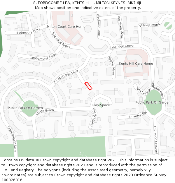 8, FORDCOMBE LEA, KENTS HILL, MILTON KEYNES, MK7 6JL: Location map and indicative extent of plot