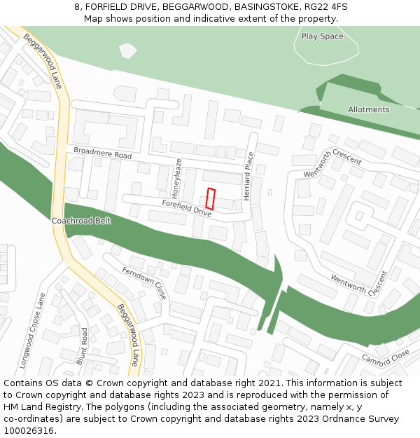 8, FORFIELD DRIVE, BEGGARWOOD, BASINGSTOKE, RG22 4FS: Location map and indicative extent of plot
