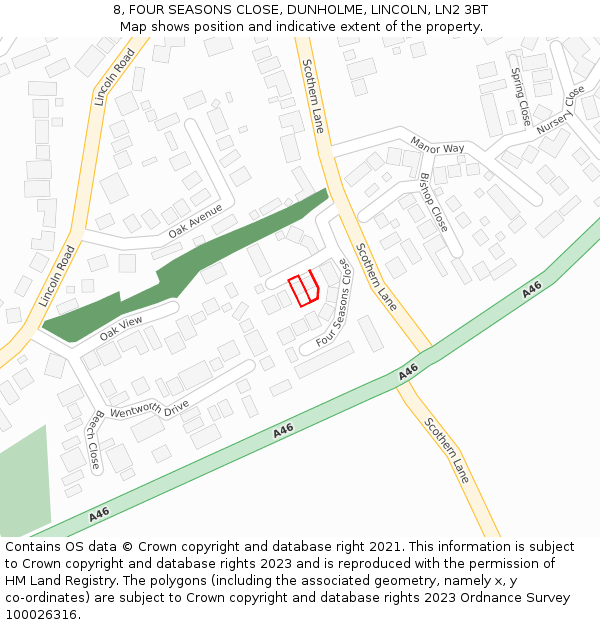 8, FOUR SEASONS CLOSE, DUNHOLME, LINCOLN, LN2 3BT: Location map and indicative extent of plot