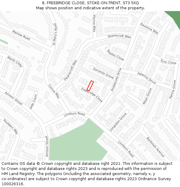 8, FREEBRIDGE CLOSE, STOKE-ON-TRENT, ST3 5XQ: Location map and indicative extent of plot