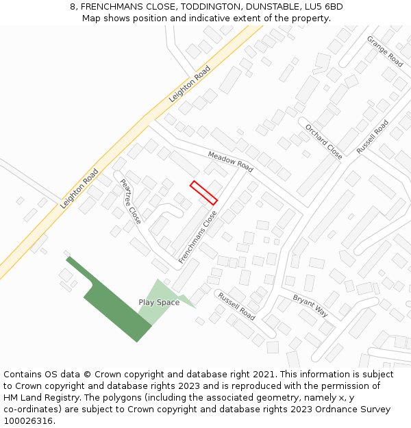 8, FRENCHMANS CLOSE, TODDINGTON, DUNSTABLE, LU5 6BD: Location map and indicative extent of plot