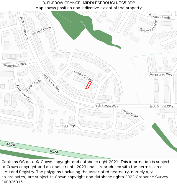 8, FURROW GRANGE, MIDDLESBROUGH, TS5 8DP: Location map and indicative extent of plot