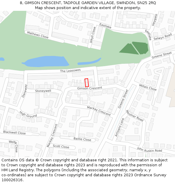 8, GIMSON CRESCENT, TADPOLE GARDEN VILLAGE, SWINDON, SN25 2RQ: Location map and indicative extent of plot