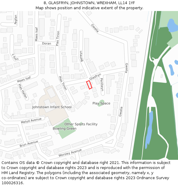 8, GLASFRYN, JOHNSTOWN, WREXHAM, LL14 1YF: Location map and indicative extent of plot