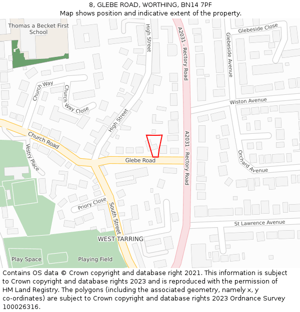8, GLEBE ROAD, WORTHING, BN14 7PF: Location map and indicative extent of plot