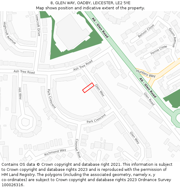 8, GLEN WAY, OADBY, LEICESTER, LE2 5YE: Location map and indicative extent of plot