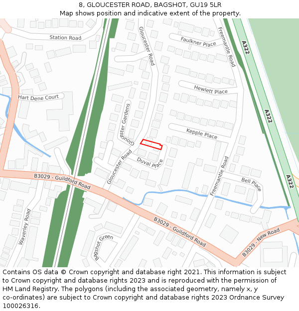 8, GLOUCESTER ROAD, BAGSHOT, GU19 5LR: Location map and indicative extent of plot