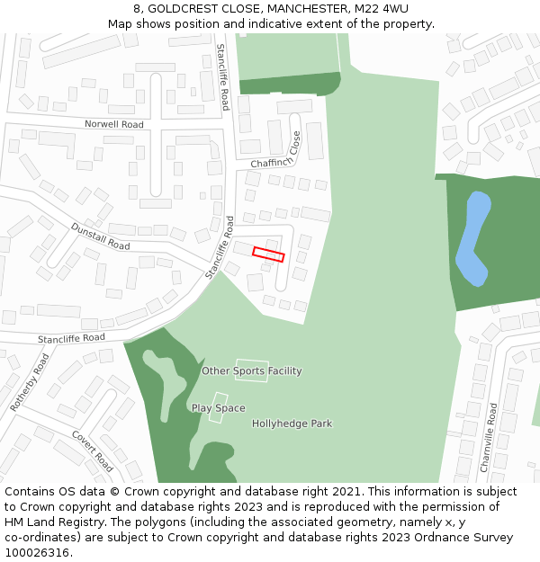 8, GOLDCREST CLOSE, MANCHESTER, M22 4WU: Location map and indicative extent of plot
