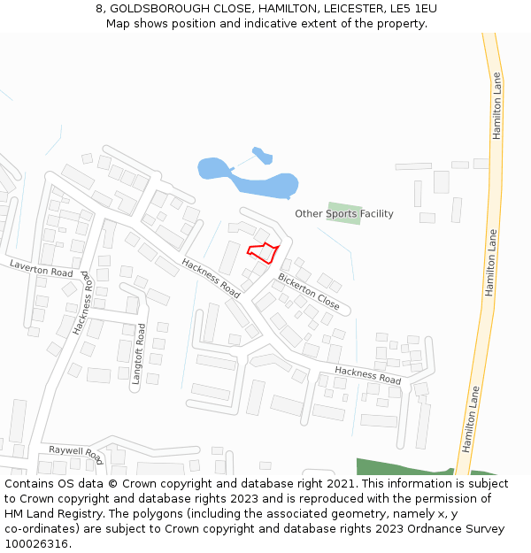 8, GOLDSBOROUGH CLOSE, HAMILTON, LEICESTER, LE5 1EU: Location map and indicative extent of plot