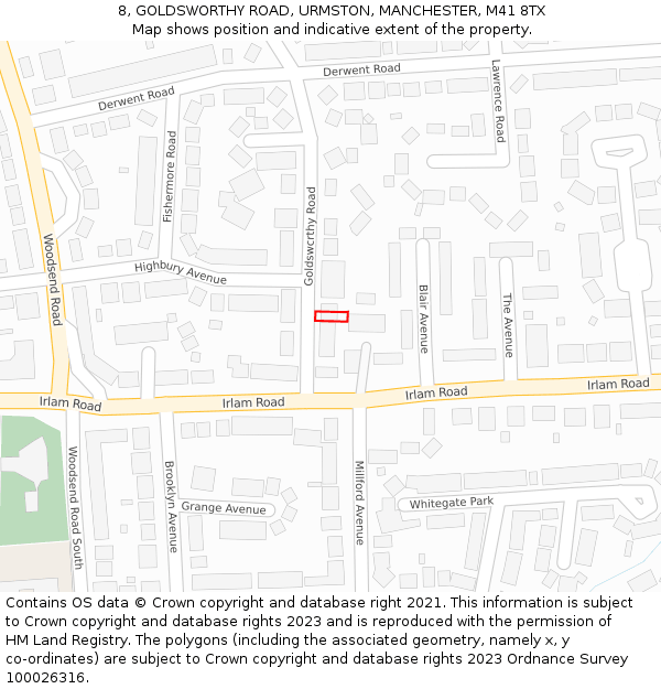 8, GOLDSWORTHY ROAD, URMSTON, MANCHESTER, M41 8TX: Location map and indicative extent of plot