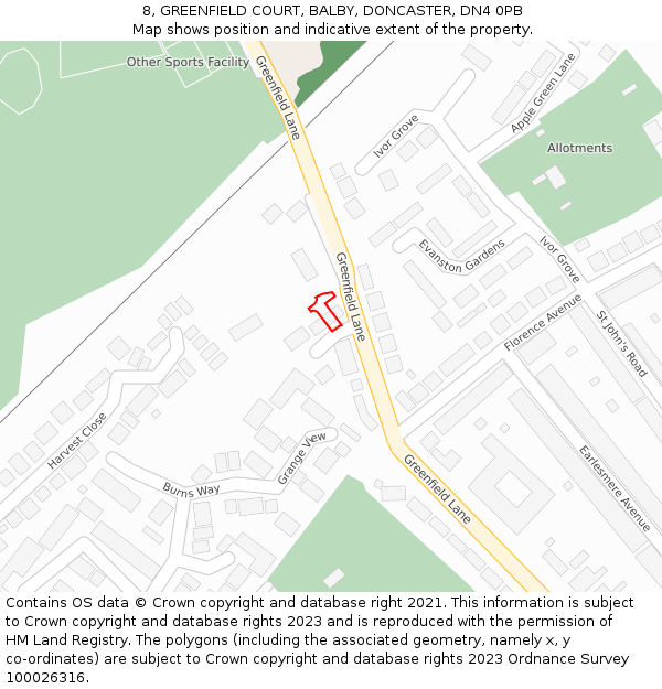 8, GREENFIELD COURT, BALBY, DONCASTER, DN4 0PB: Location map and indicative extent of plot