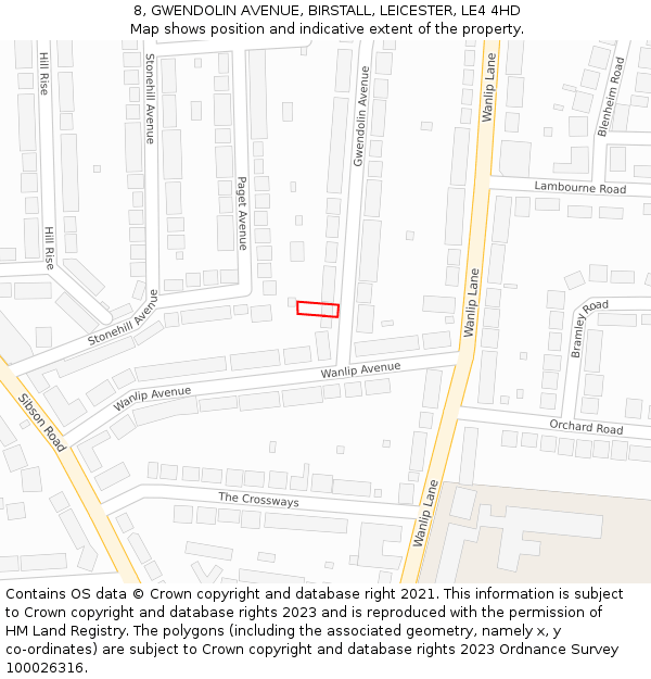 8, GWENDOLIN AVENUE, BIRSTALL, LEICESTER, LE4 4HD: Location map and indicative extent of plot