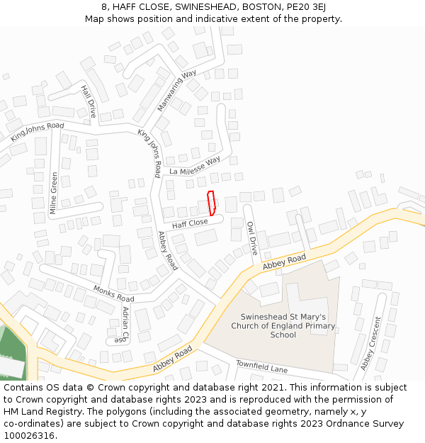 8, HAFF CLOSE, SWINESHEAD, BOSTON, PE20 3EJ: Location map and indicative extent of plot
