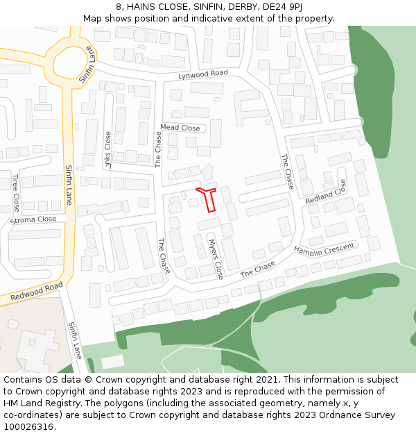 8, HAINS CLOSE, SINFIN, DERBY, DE24 9PJ: Location map and indicative extent of plot