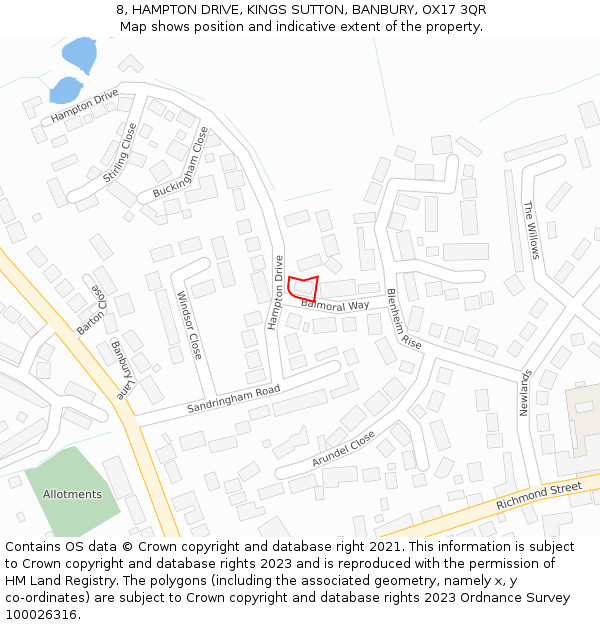 8, HAMPTON DRIVE, KINGS SUTTON, BANBURY, OX17 3QR: Location map and indicative extent of plot