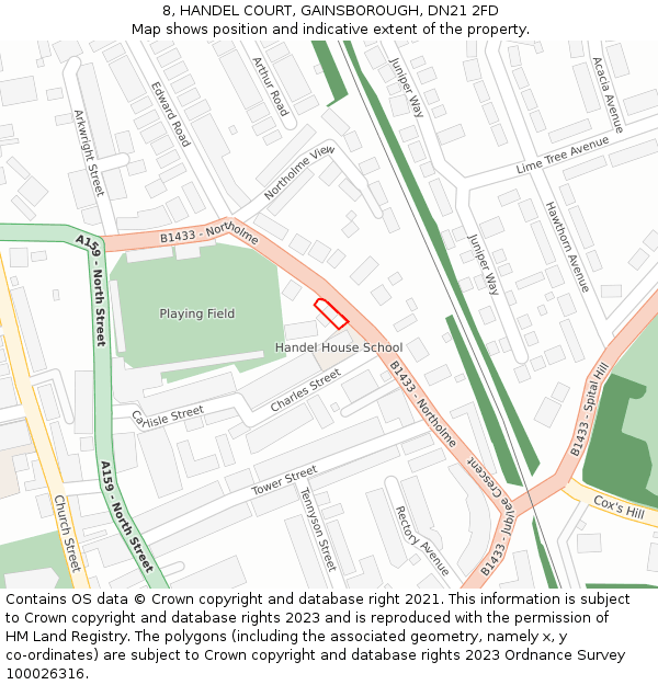 8, HANDEL COURT, GAINSBOROUGH, DN21 2FD: Location map and indicative extent of plot