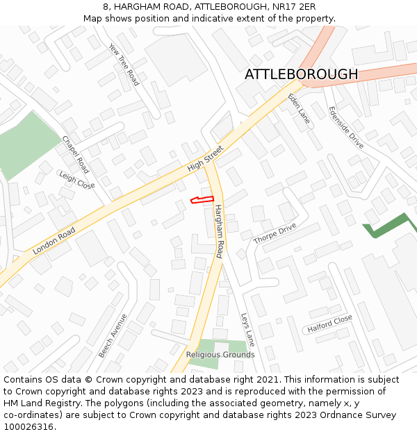 8, HARGHAM ROAD, ATTLEBOROUGH, NR17 2ER: Location map and indicative extent of plot