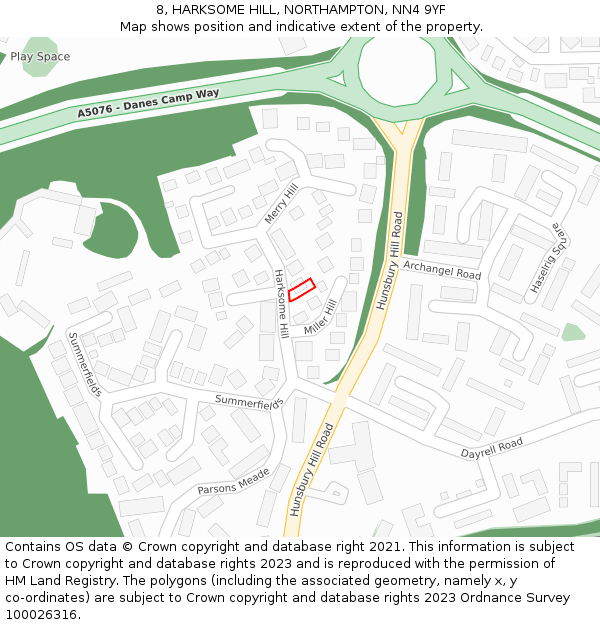 8, HARKSOME HILL, NORTHAMPTON, NN4 9YF: Location map and indicative extent of plot