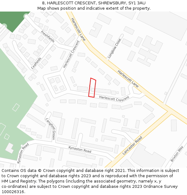 8, HARLESCOTT CRESCENT, SHREWSBURY, SY1 3AU: Location map and indicative extent of plot