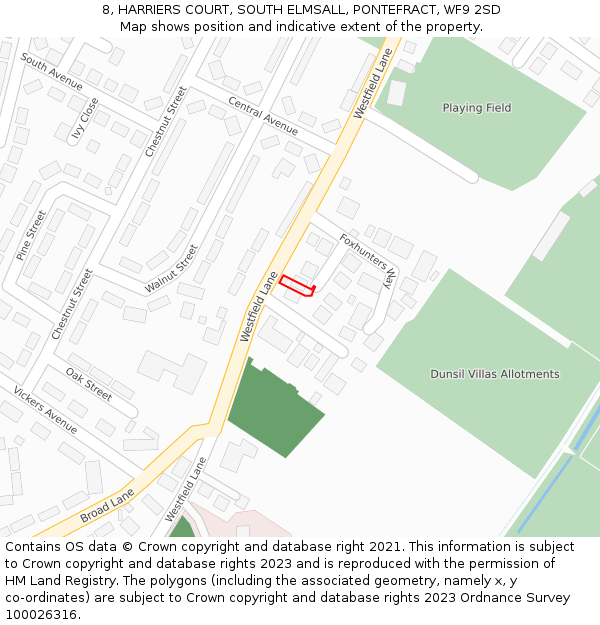 8, HARRIERS COURT, SOUTH ELMSALL, PONTEFRACT, WF9 2SD: Location map and indicative extent of plot
