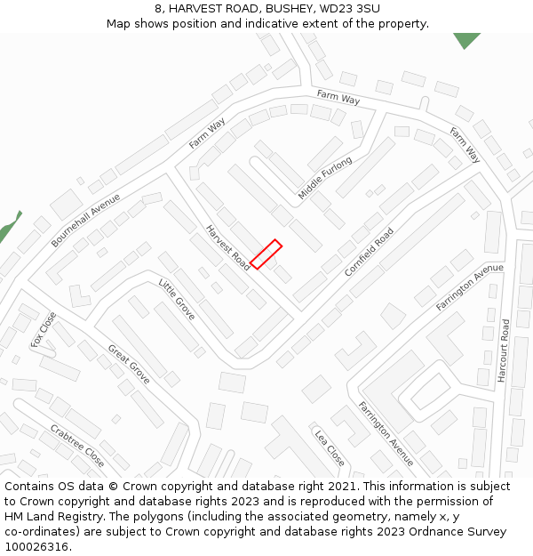 8, HARVEST ROAD, BUSHEY, WD23 3SU: Location map and indicative extent of plot