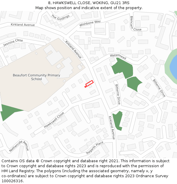 8, HAWKSWELL CLOSE, WOKING, GU21 3RS: Location map and indicative extent of plot