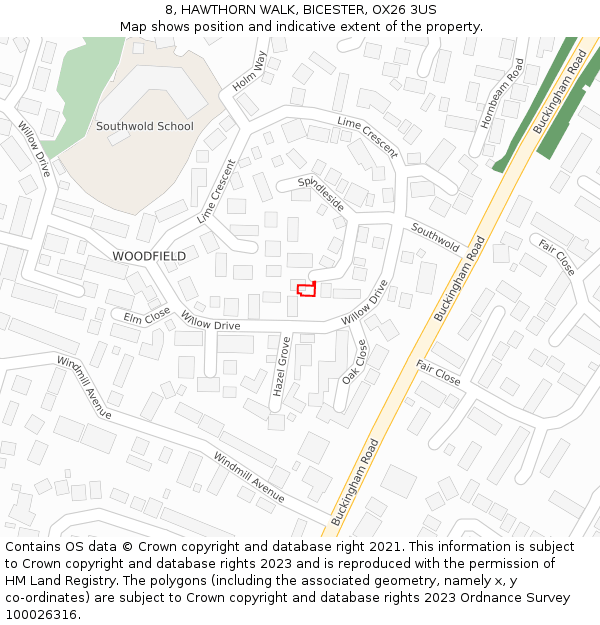 8, HAWTHORN WALK, BICESTER, OX26 3US: Location map and indicative extent of plot