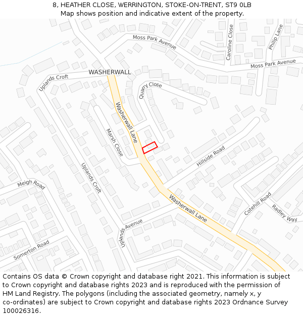 8, HEATHER CLOSE, WERRINGTON, STOKE-ON-TRENT, ST9 0LB: Location map and indicative extent of plot