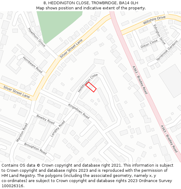 8, HEDDINGTON CLOSE, TROWBRIDGE, BA14 0LH: Location map and indicative extent of plot