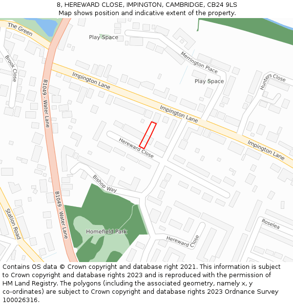 8, HEREWARD CLOSE, IMPINGTON, CAMBRIDGE, CB24 9LS: Location map and indicative extent of plot