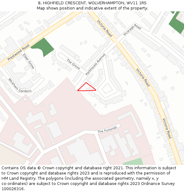 8, HIGHFIELD CRESCENT, WOLVERHAMPTON, WV11 1RS: Location map and indicative extent of plot