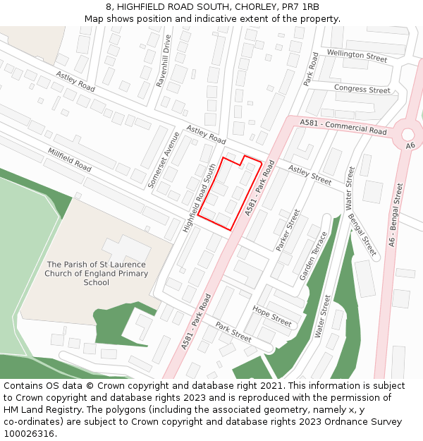 8, HIGHFIELD ROAD SOUTH, CHORLEY, PR7 1RB: Location map and indicative extent of plot