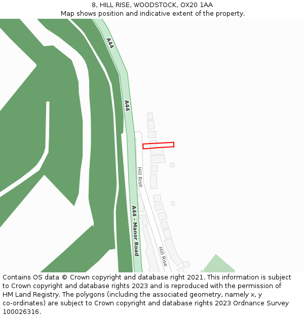 8, HILL RISE, WOODSTOCK, OX20 1AA: Location map and indicative extent of plot