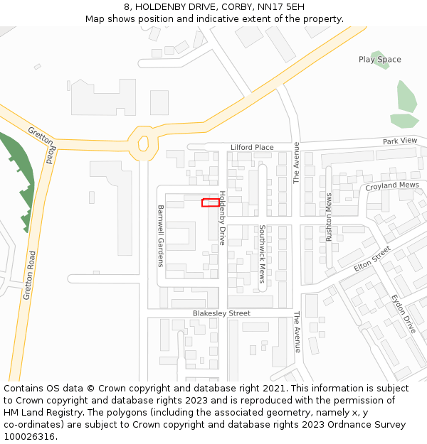 8, HOLDENBY DRIVE, CORBY, NN17 5EH: Location map and indicative extent of plot
