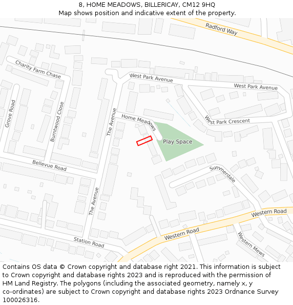 8, HOME MEADOWS, BILLERICAY, CM12 9HQ: Location map and indicative extent of plot