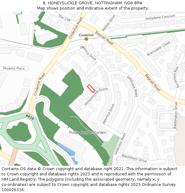 8, HONEYSUCKLE GROVE, NOTTINGHAM, NG6 8PW: Location map and indicative extent of plot