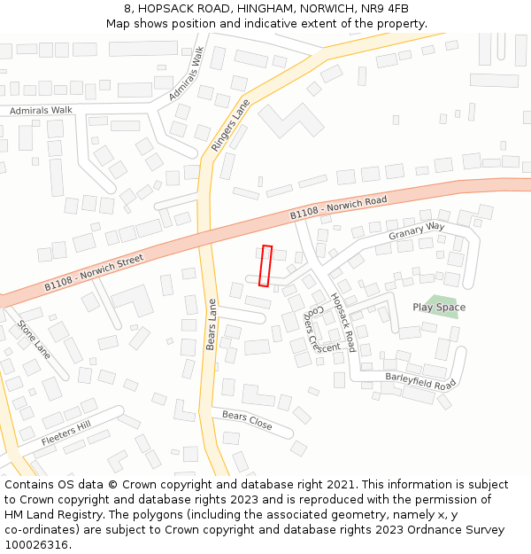 8, HOPSACK ROAD, HINGHAM, NORWICH, NR9 4FB: Location map and indicative extent of plot