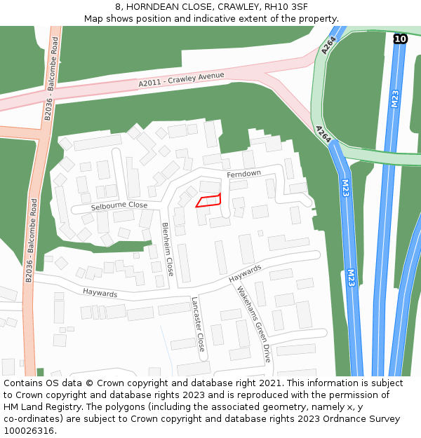 8, HORNDEAN CLOSE, CRAWLEY, RH10 3SF: Location map and indicative extent of plot