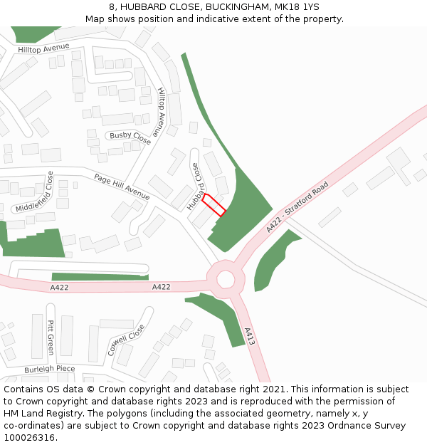 8, HUBBARD CLOSE, BUCKINGHAM, MK18 1YS: Location map and indicative extent of plot