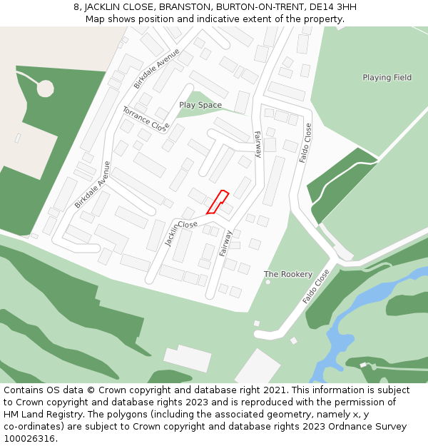 8, JACKLIN CLOSE, BRANSTON, BURTON-ON-TRENT, DE14 3HH: Location map and indicative extent of plot