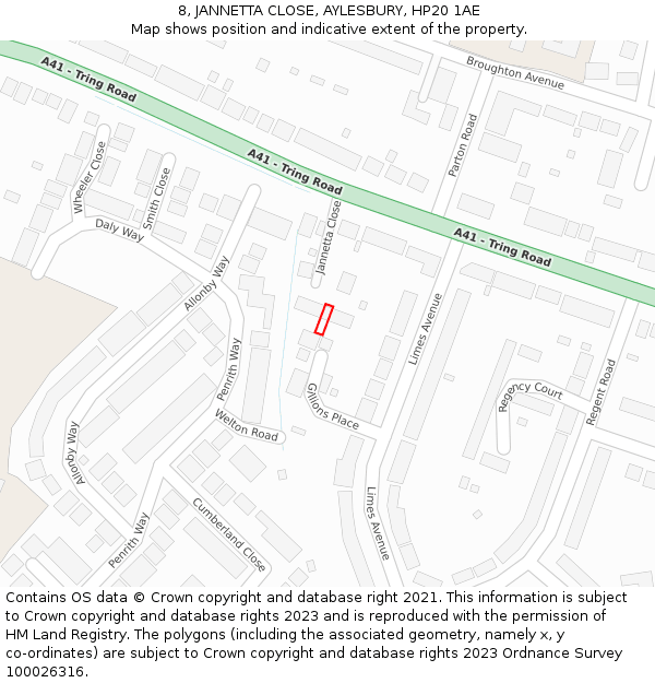 8, JANNETTA CLOSE, AYLESBURY, HP20 1AE: Location map and indicative extent of plot