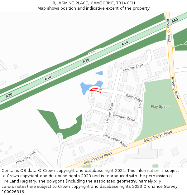 8, JASMINE PLACE, CAMBORNE, TR14 0FH: Location map and indicative extent of plot