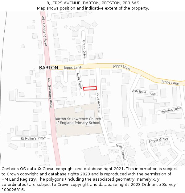 8, JEPPS AVENUE, BARTON, PRESTON, PR3 5AS: Location map and indicative extent of plot