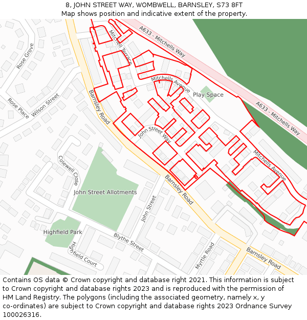 8, JOHN STREET WAY, WOMBWELL, BARNSLEY, S73 8FT: Location map and indicative extent of plot