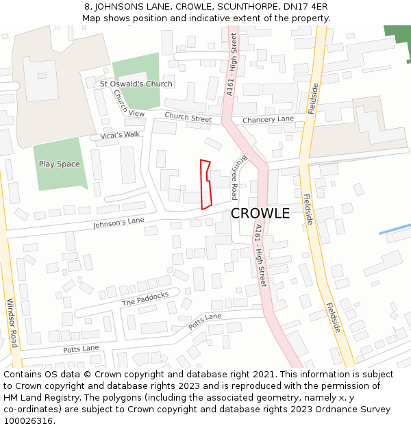 8, JOHNSONS LANE, CROWLE, SCUNTHORPE, DN17 4ER: Location map and indicative extent of plot