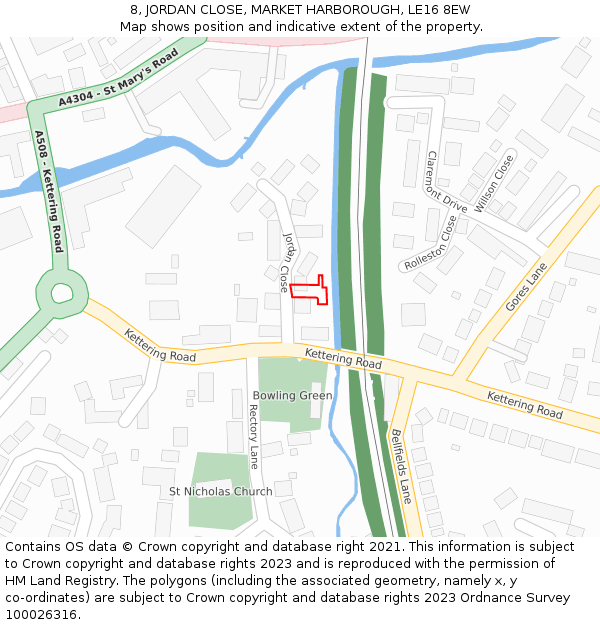 8, JORDAN CLOSE, MARKET HARBOROUGH, LE16 8EW: Location map and indicative extent of plot