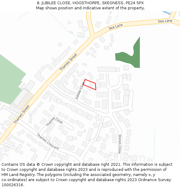 8, JUBILEE CLOSE, HOGSTHORPE, SKEGNESS, PE24 5PX: Location map and indicative extent of plot